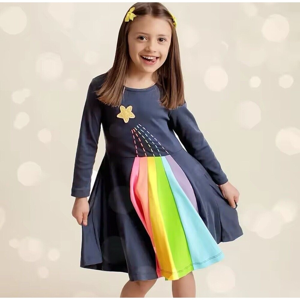 Los Angeles Boutique Navy Long Sleeve Twirl Rainbow Stretch Casual Dress Party 6